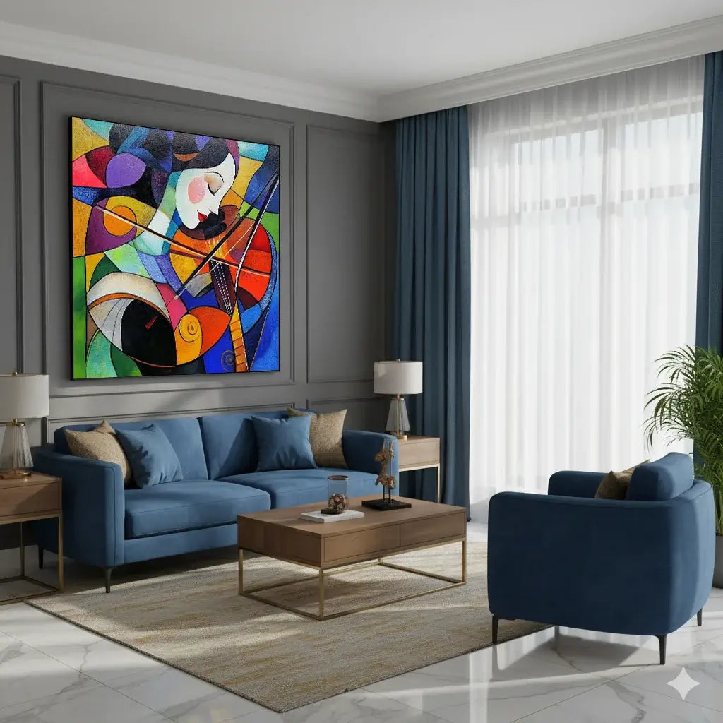 Modern living room with blue sofa, abstract painting, and wooden coffee table.