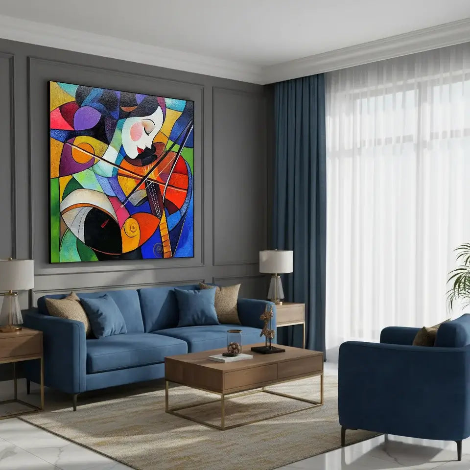 Modern living room with blue sofa, abstract painting, and wooden coffee table.