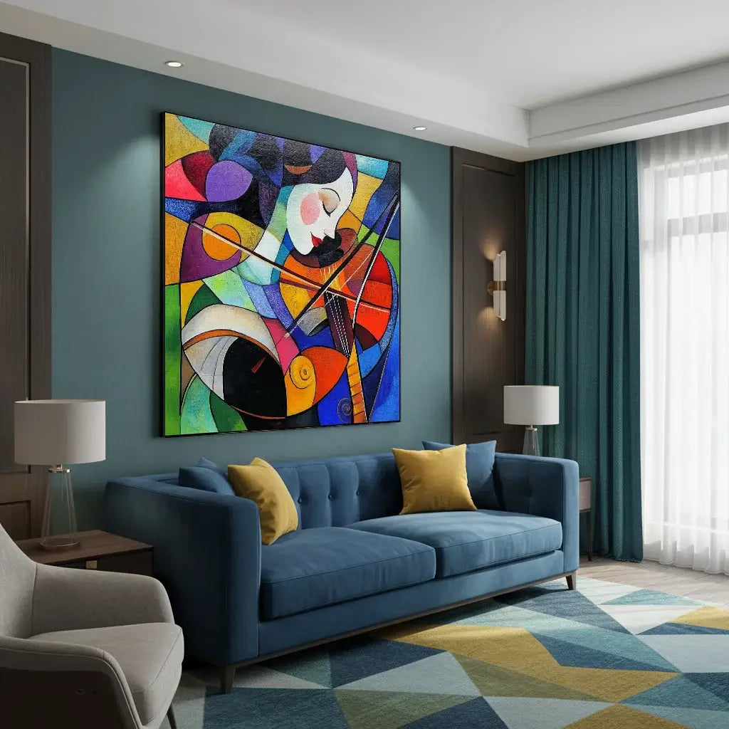 Modern living room with a blue sofa, colorful abstract painting, and geometric rug.