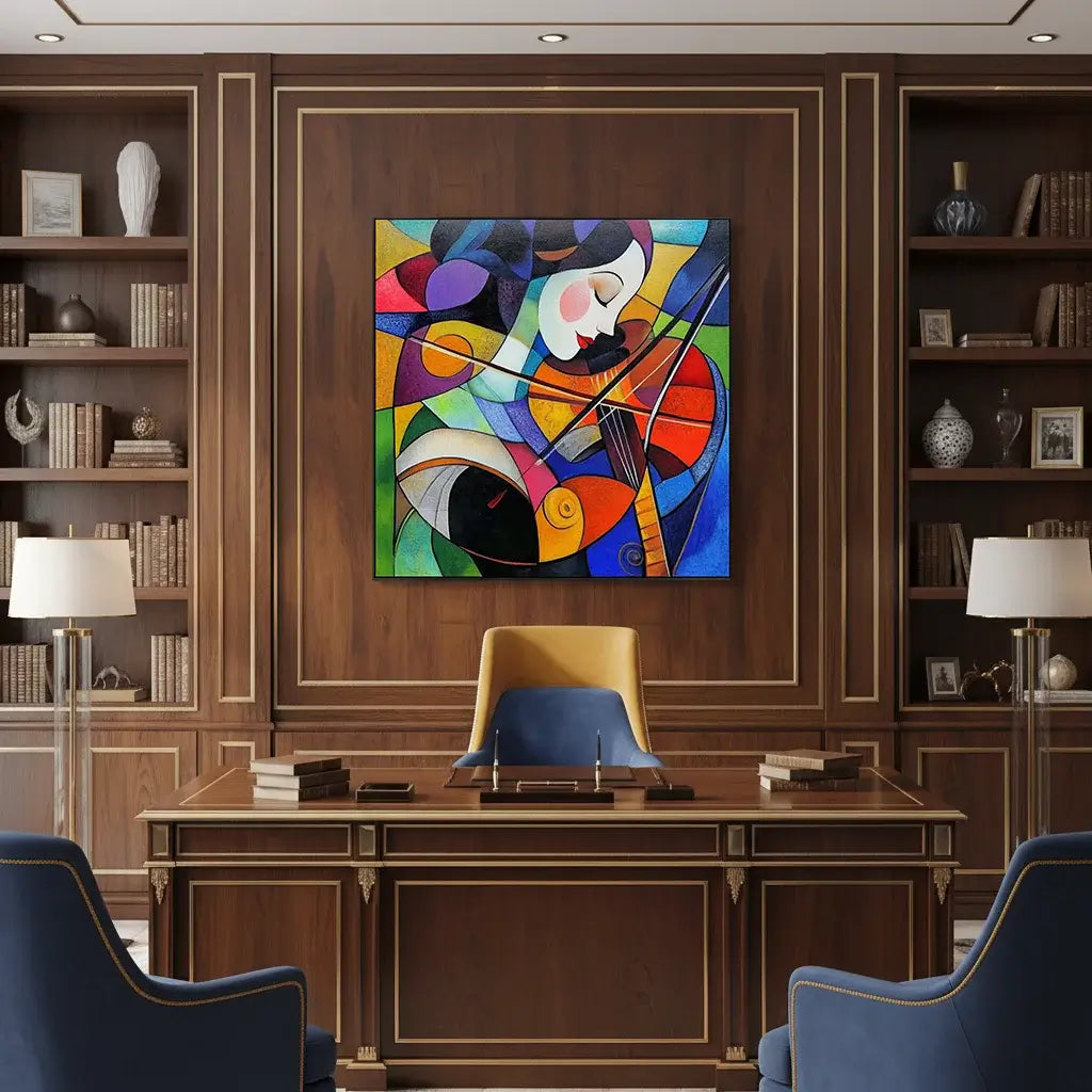 Colorful abstract painting on a wooden wall above a desk in a room with bookshelves.