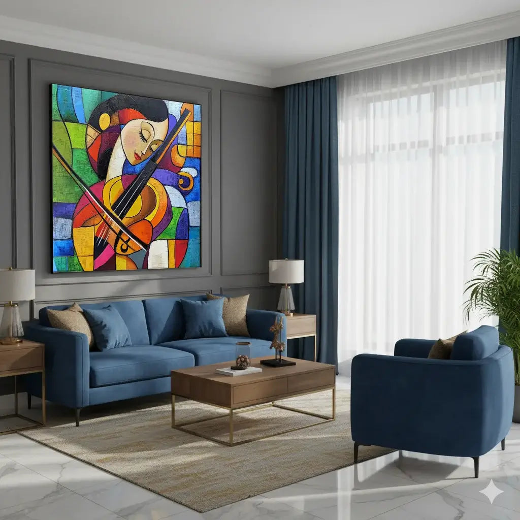 Modern living room with blue sofa, armchair, wooden coffee table, and an artwork on the wall.