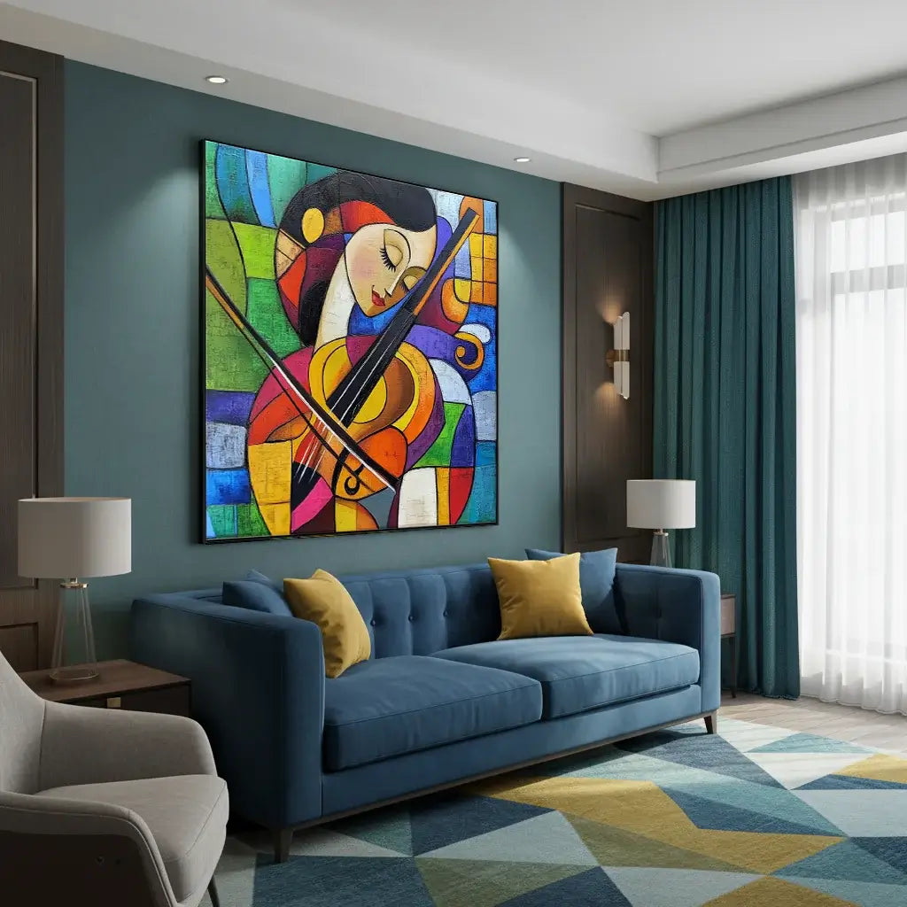 Modern living room with a colorful abstract painting of a woman playing a violin on the wall.