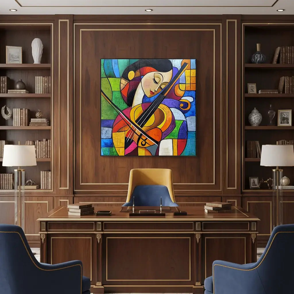 Colorful abstract painting of a woman playing a violin in an office setting with wooden walls and furniture.