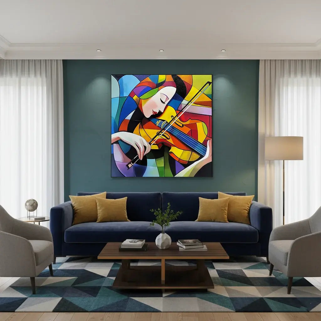 Modern living room with a colorful abstract painting of a woman playing a violin on the wall.