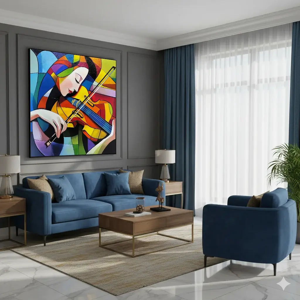 Modern living room with blue sofa, colorful abstract painting, and wooden coffee table.