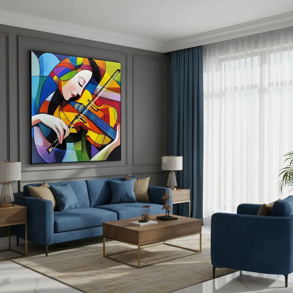 Modern living room with blue sofa, colorful abstract painting, and wooden coffee table.
