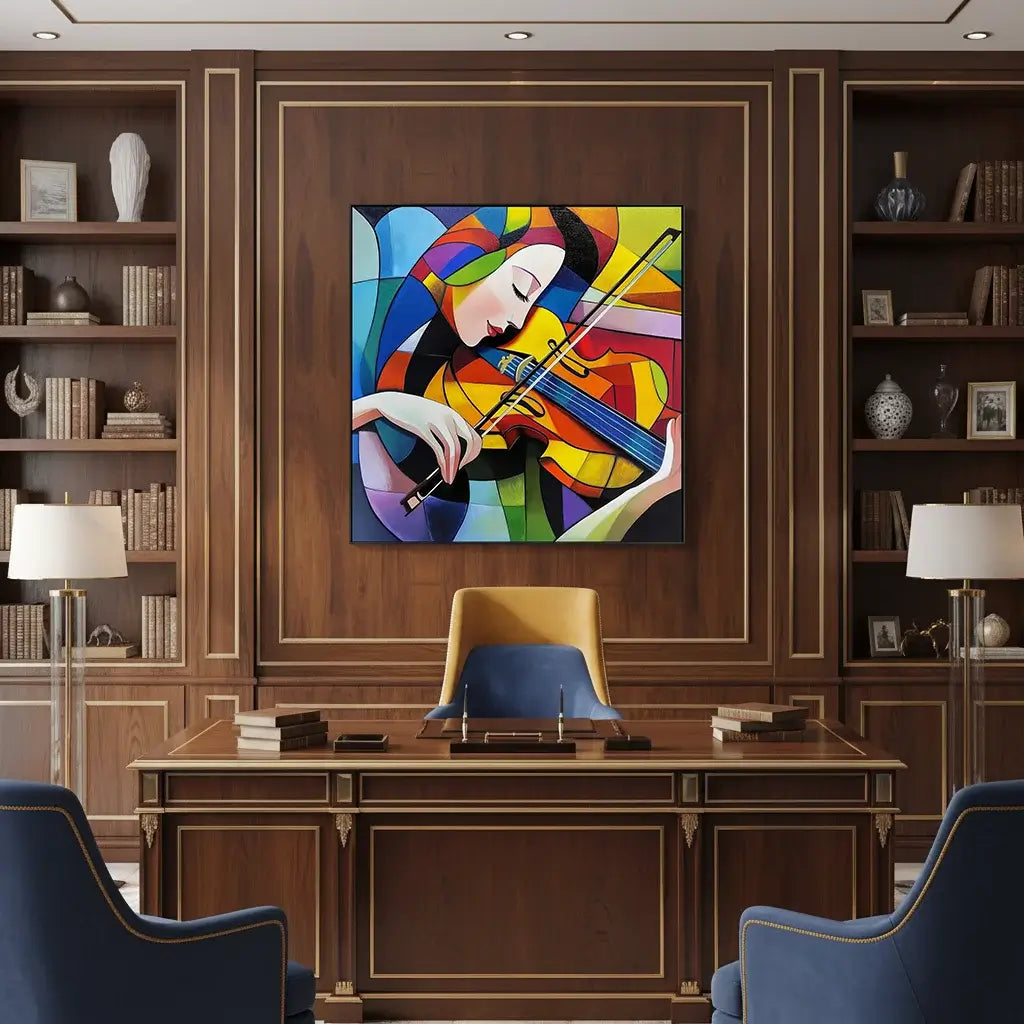 Colorful abstract painting of a woman playing the violin in a room with wooden furniture and bookshelves.