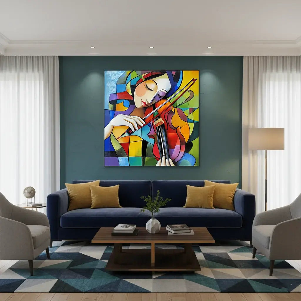 Colorful abstract painting of a woman playing the violin in a living room setting.