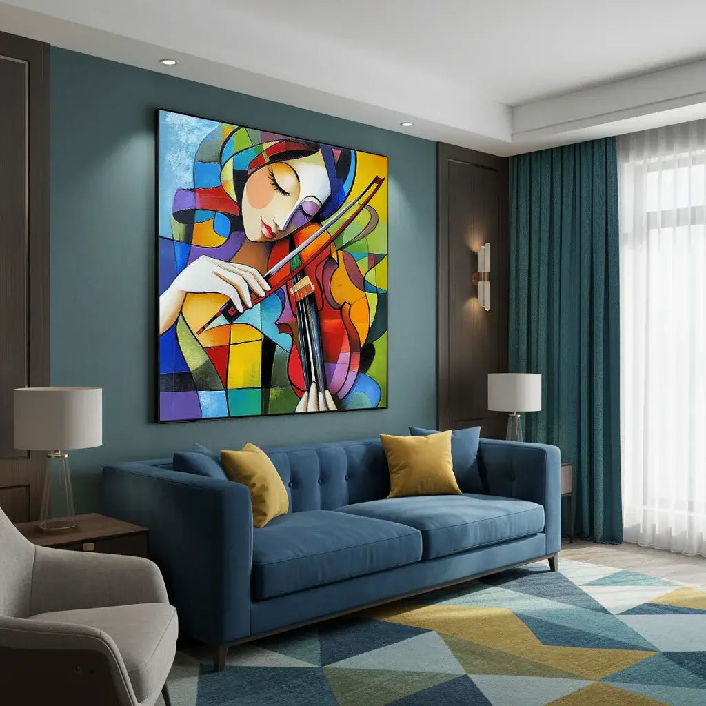 Living room with a colorful abstract painting of a woman playing the violin on the wall.