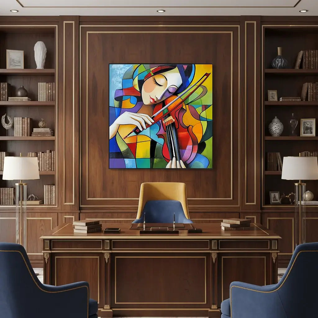Colorful abstract painting of a woman playing a violin in a room with wooden furniture and bookshelves.
