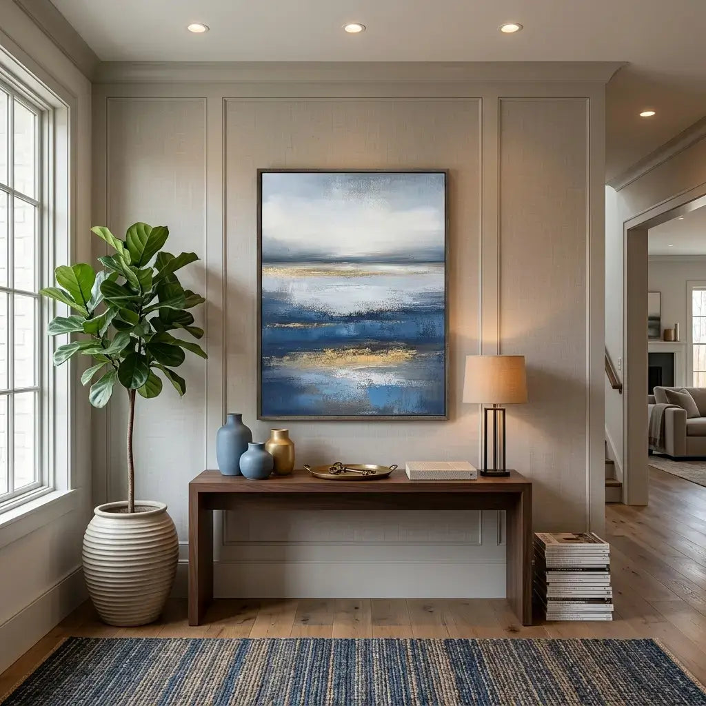 Modern interior with abstract painting, table, and decorative items in a well-lit room.