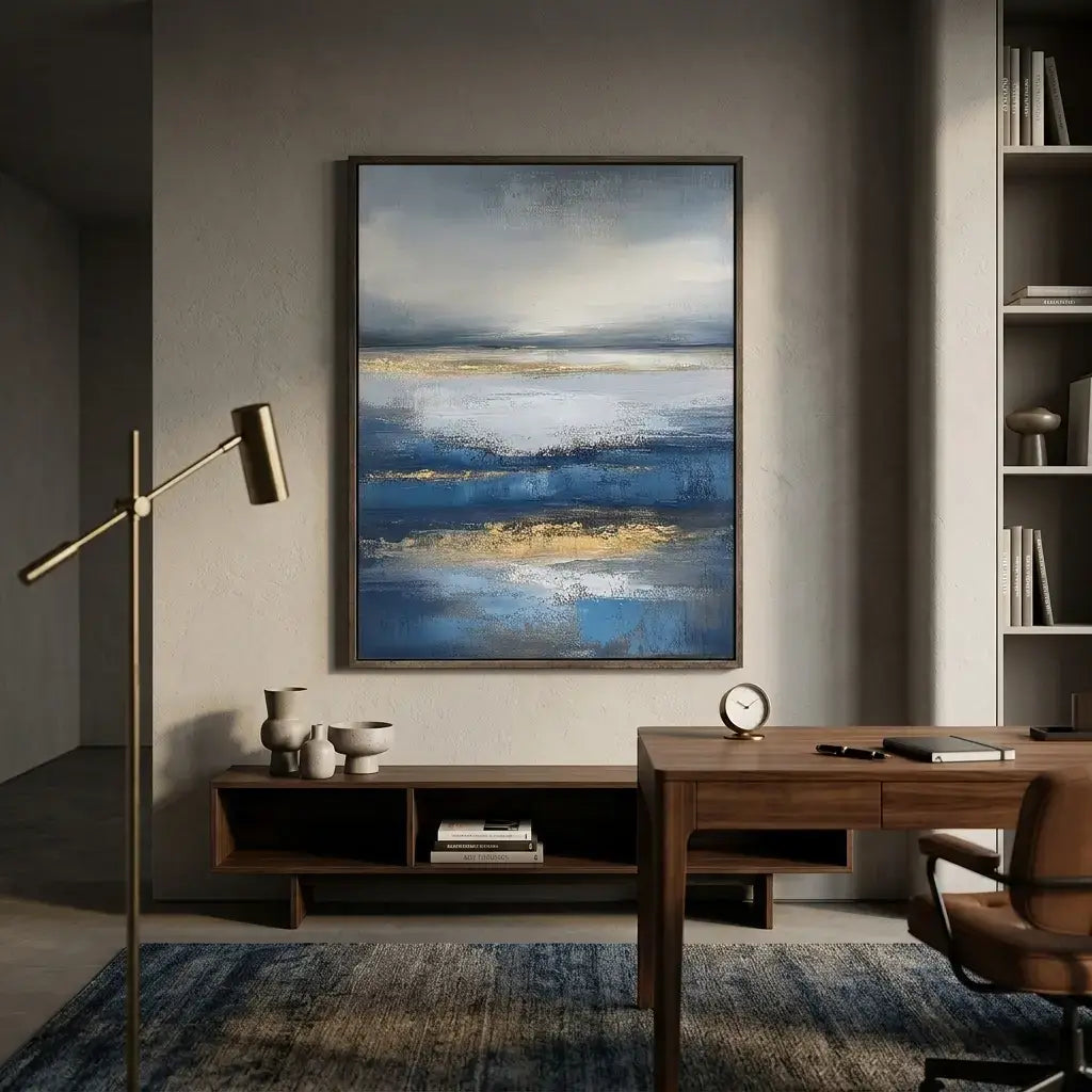 Modern home office with abstract painting, desk, and chair.
