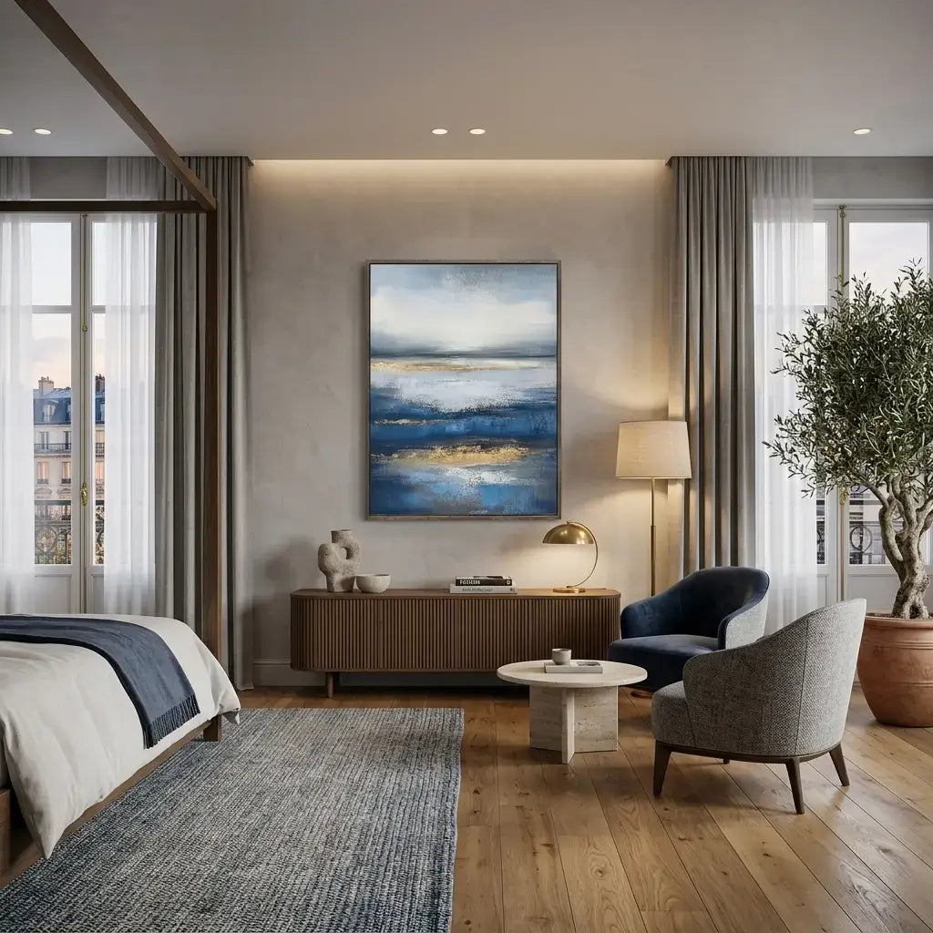 Modern bedroom with a bed, side chairs, and a painting on the wall.