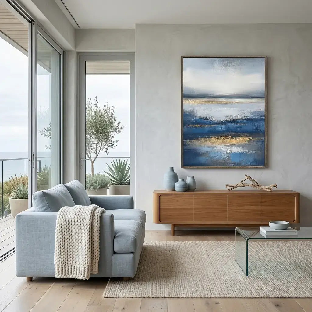 Modern living room with a gray sofa, wooden cabinet, and abstract painting.