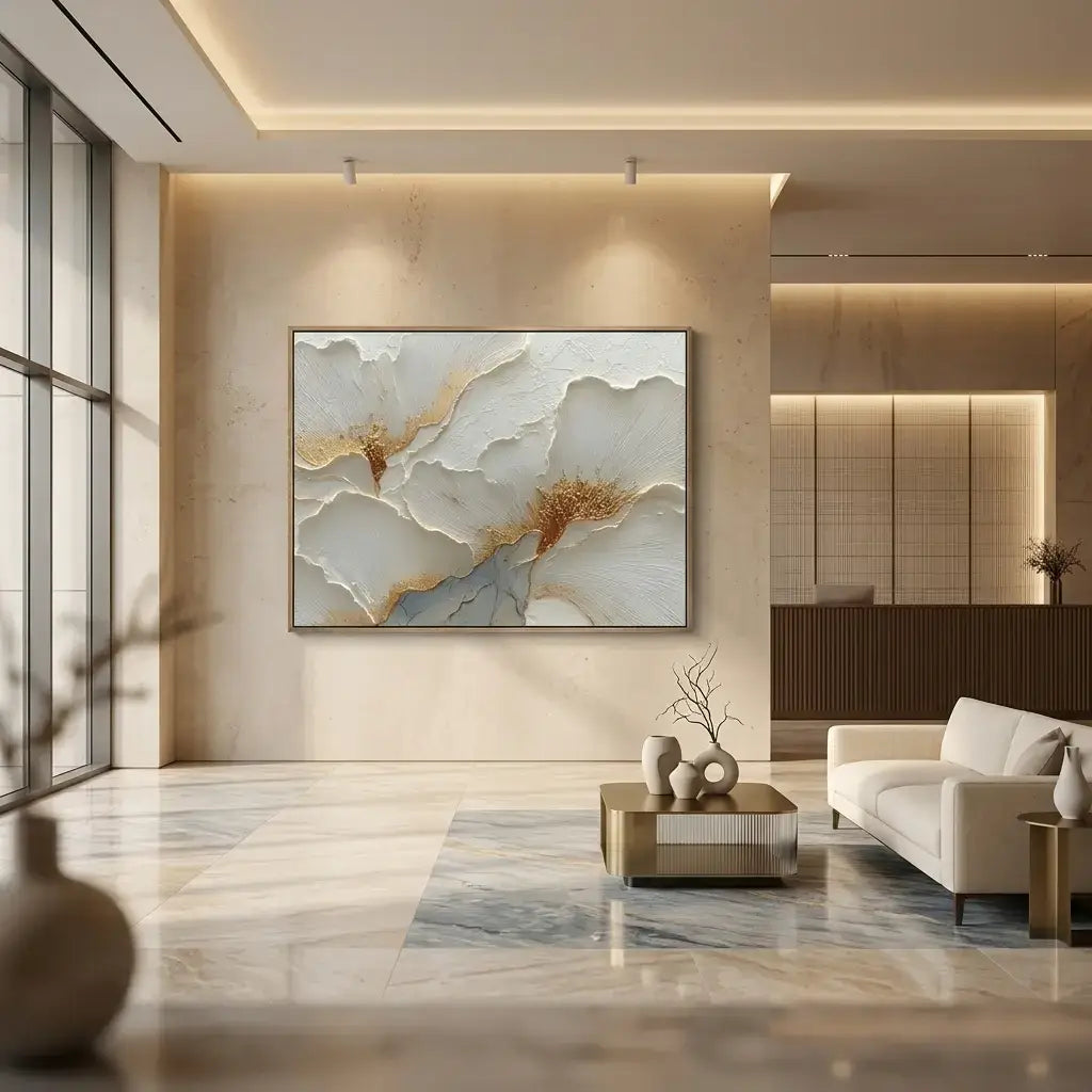 Modern living room with abstract wall art, sofa, and coffee table.