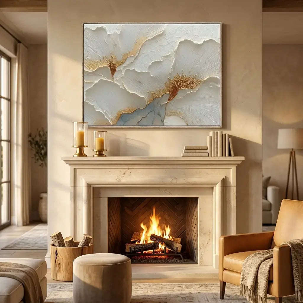 Living room with a fireplace, abstract painting, and comfortable furniture.