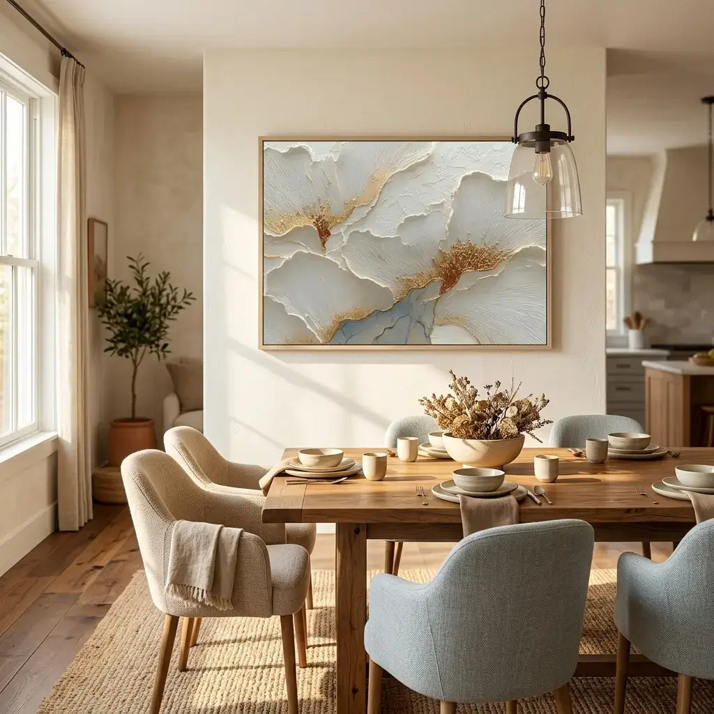 Dining room with wooden table, chairs, and abstract art on the wall.