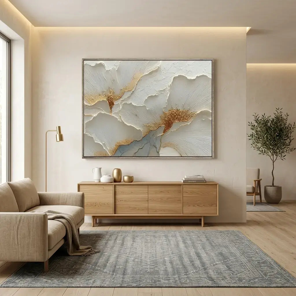 Modern living room with beige sofa, wooden cabinet, and abstract painting.