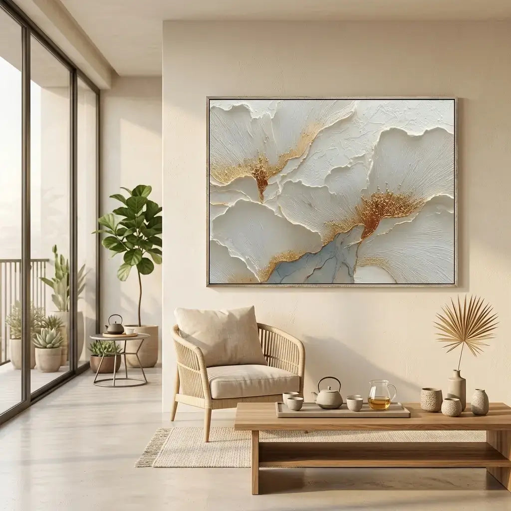 Modern living room with a wicker armchair, wooden coffee table, and abstract wall art.