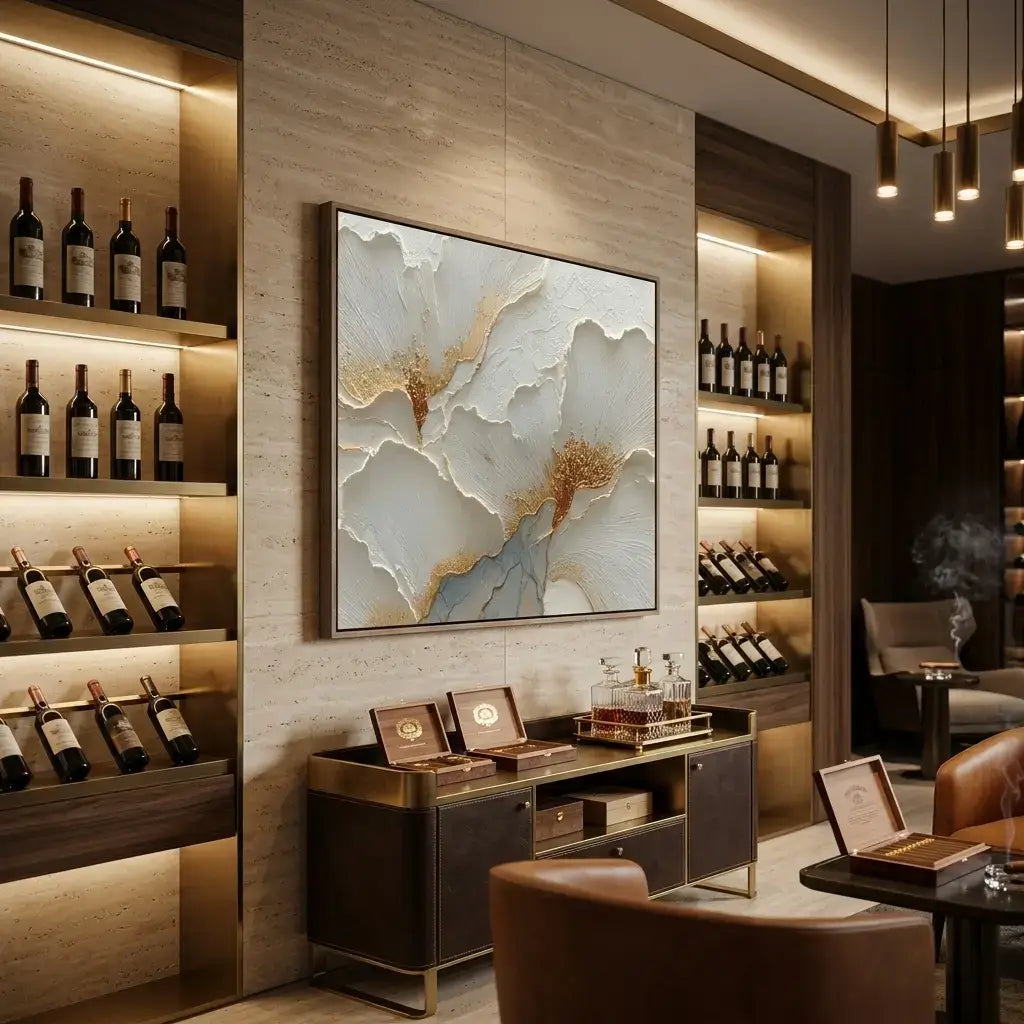 Modern wine cellar with shelves, a desk, and decorative elements.