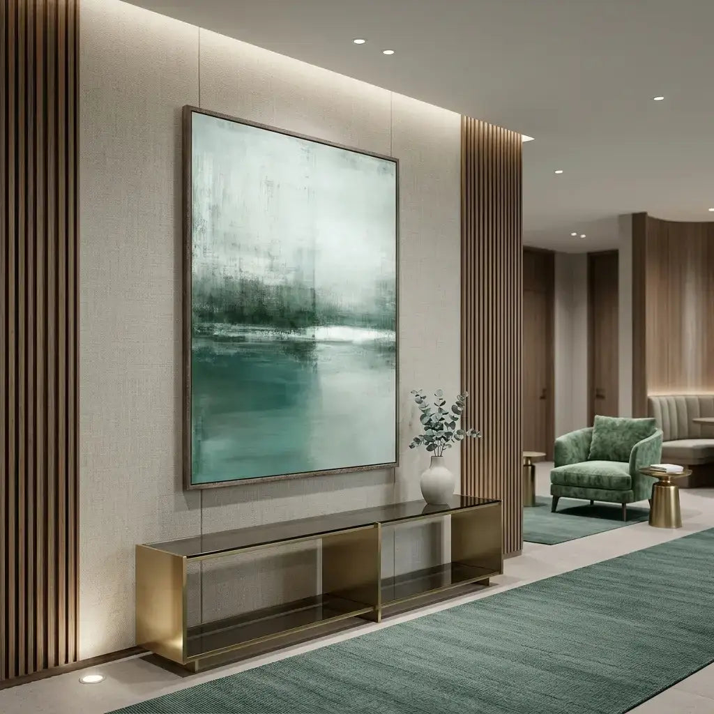Modern living room with a large abstract painting on the wall, green armchair, and decorative elements.