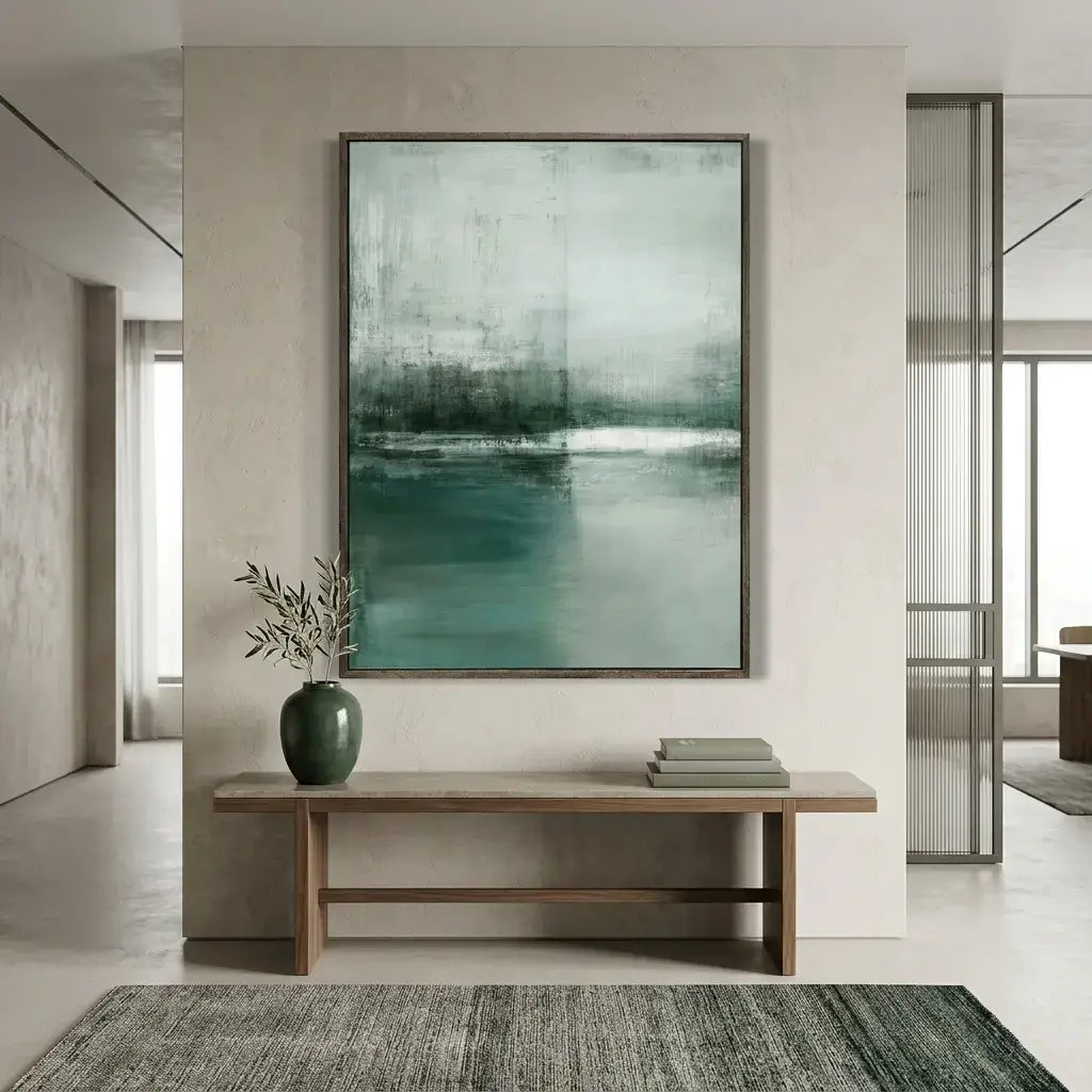 Modern interior with abstract painting and wooden bench