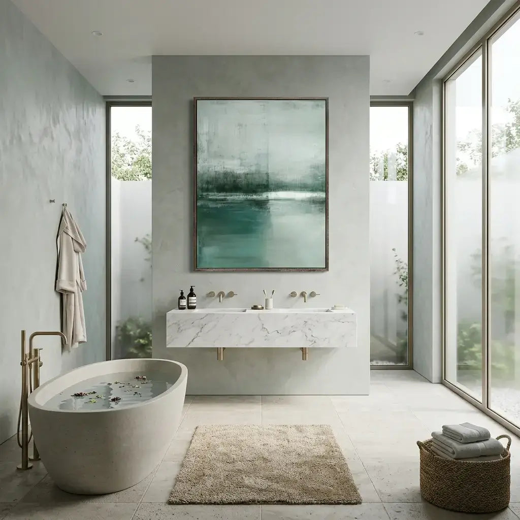 Modern bathroom with a freestanding bathtub, marble vanity, and large windows.