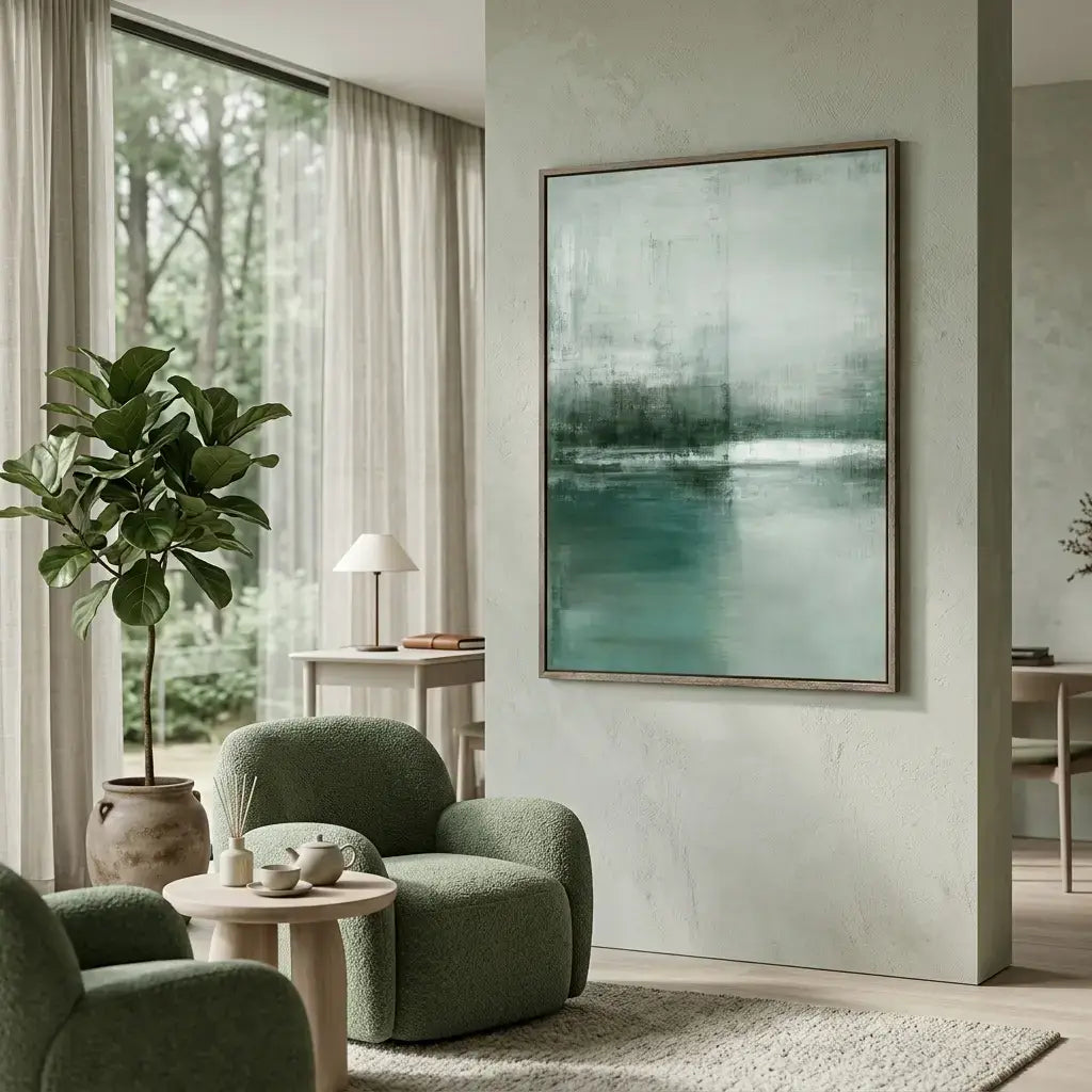 Modern living room with green armchair, round table, and abstract painting on wall.