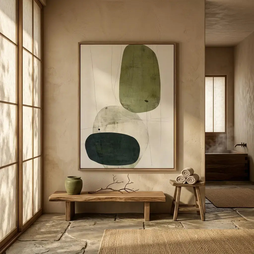 Modern interior with abstract art, wooden bench, and ceramic vase.