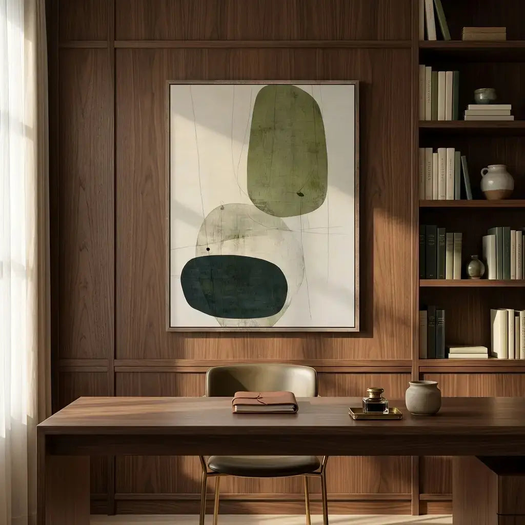 Modern interior with a wooden desk, chair, and abstract painting on a wall.