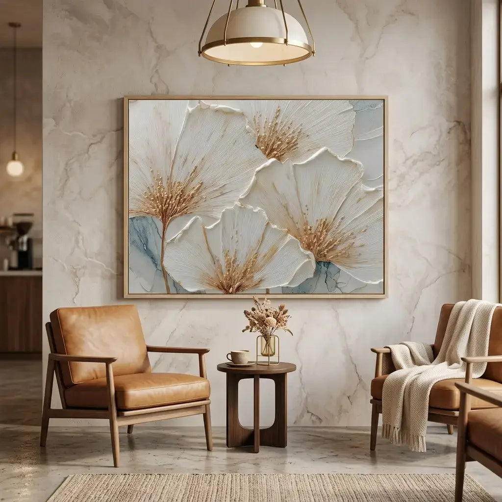 Living room with marble wall, floral artwork, and brown leather chairs.