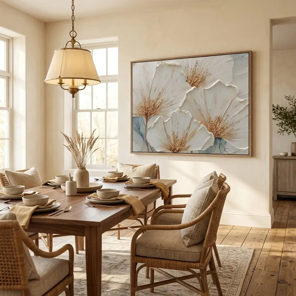 Dining room with wooden table, chairs, and a large floral painting on the wall.
