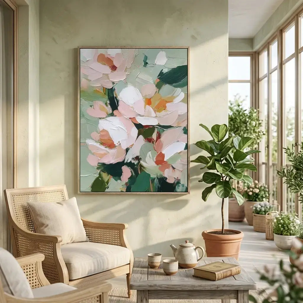 Living room with floral artwork, wicker chair, and plants