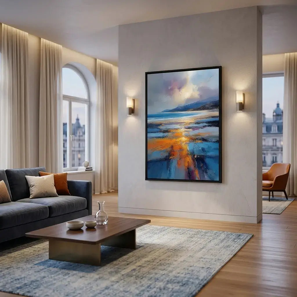 Modern living room with a large abstract painting on the wall, a gray sofa, and a wooden coffee table.