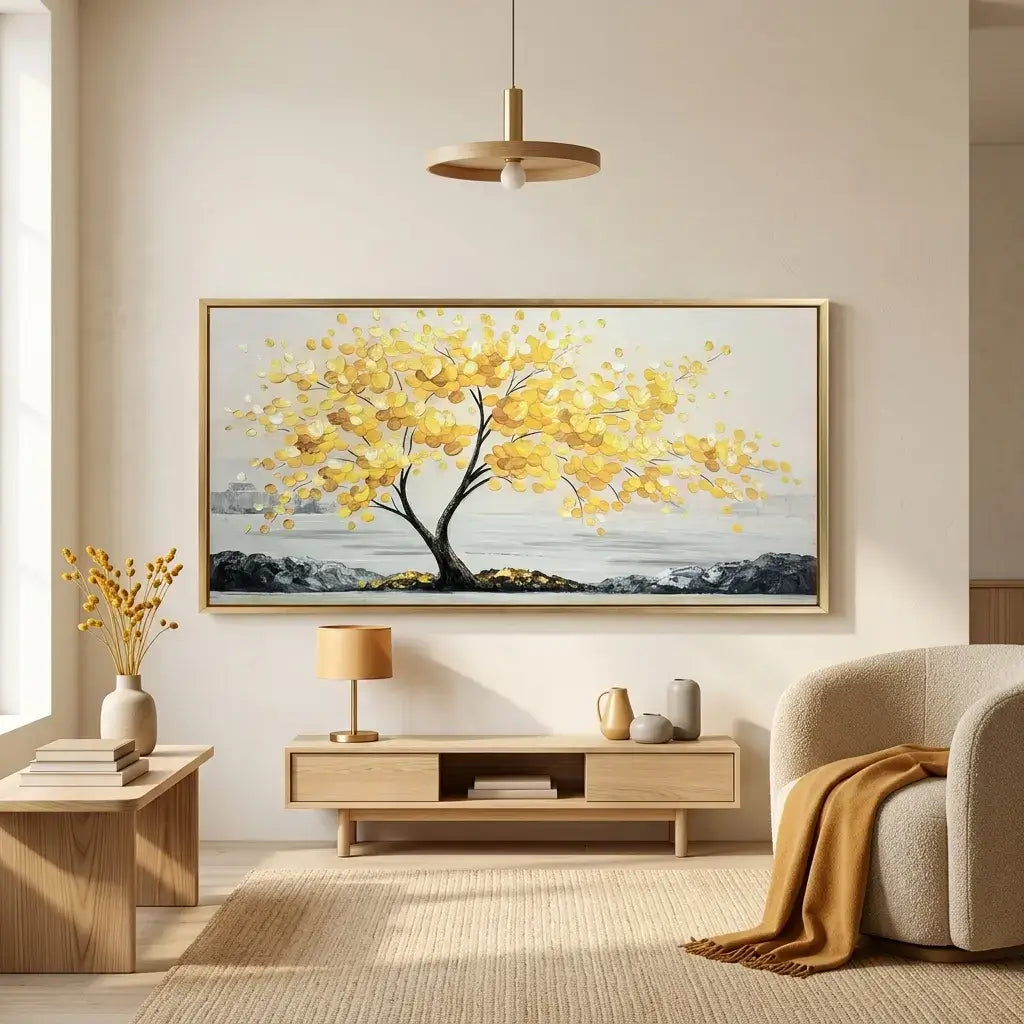 Living room with a large abstract painting of a tree with yellow leaves on the wall.