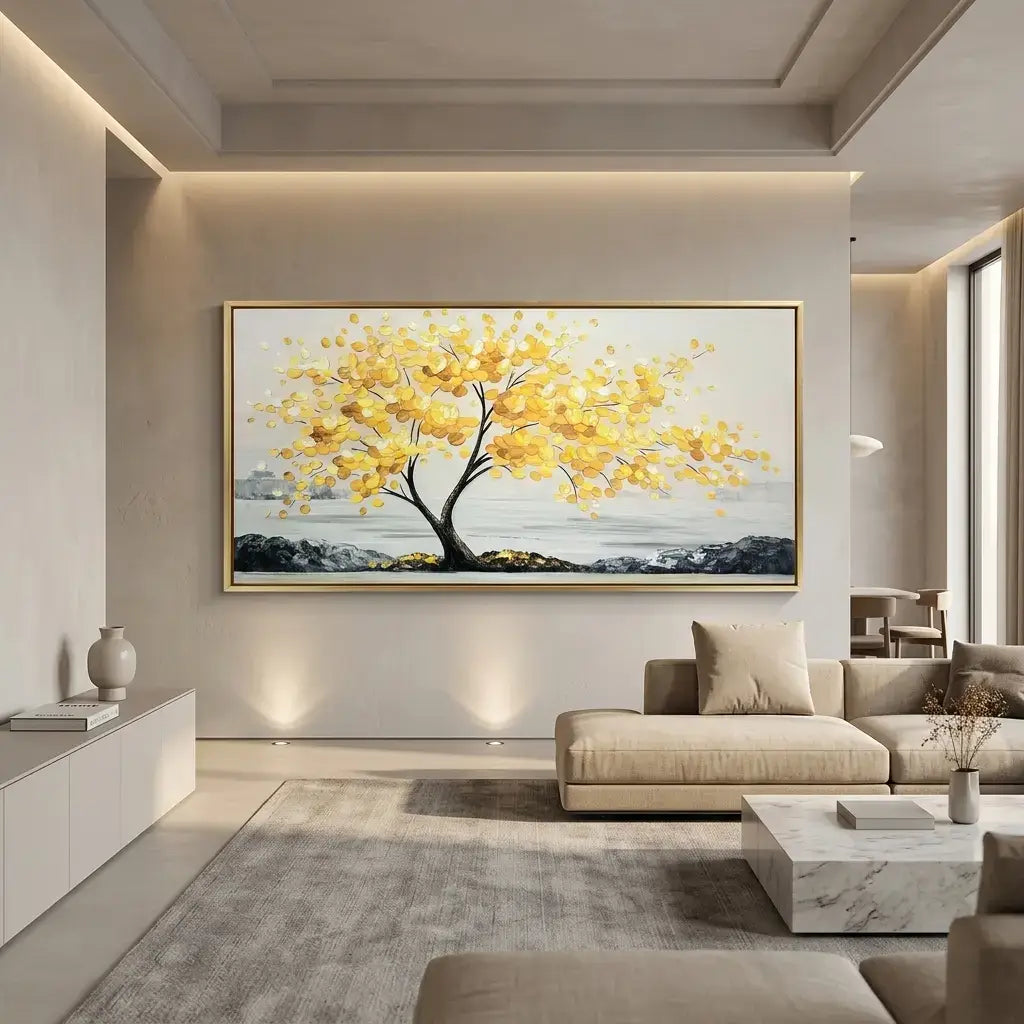 Modern living room with a large abstract painting of a yellow tree on the wall.
