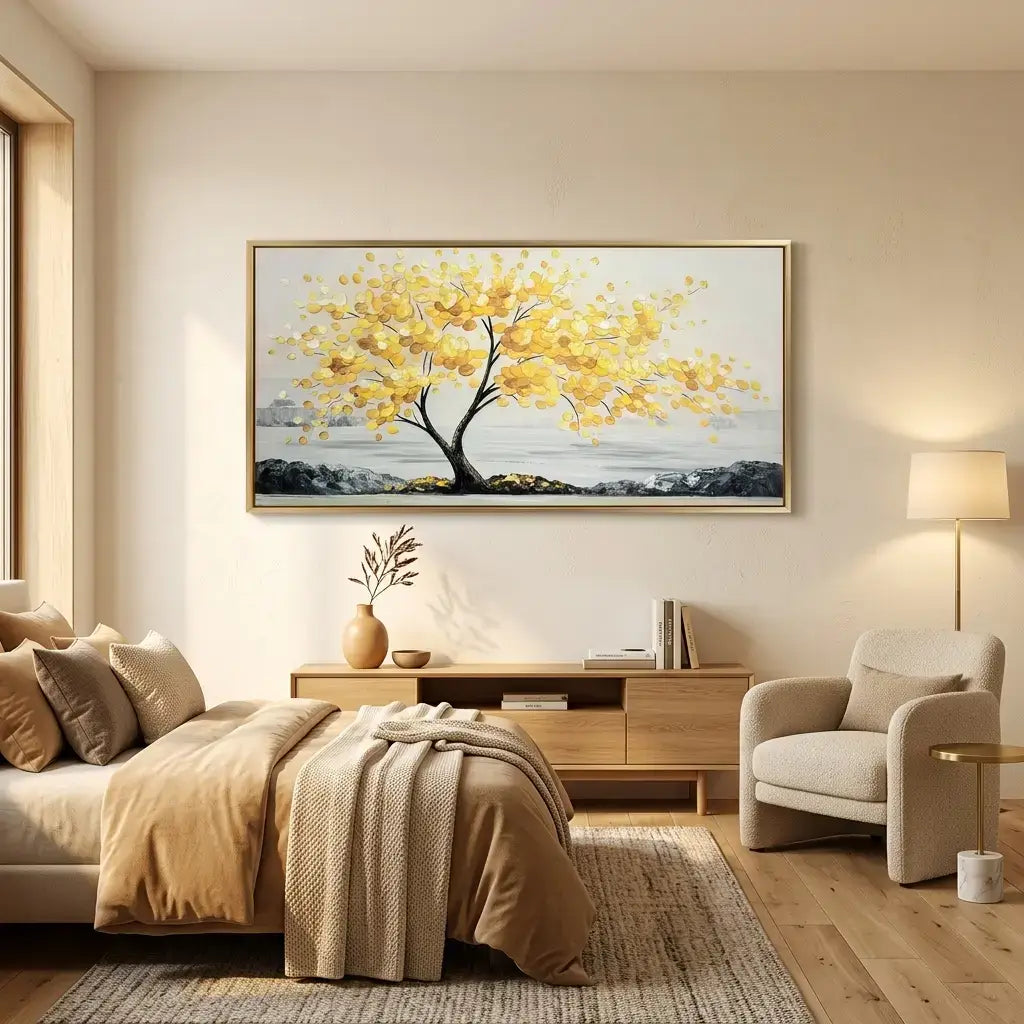 Modern living room with a large abstract painting of a yellow tree on the wall.