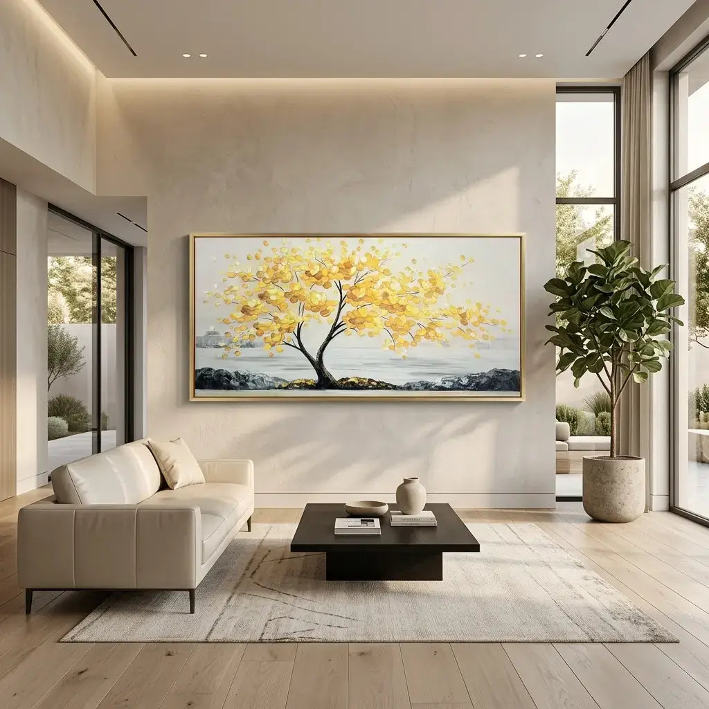 Modern living room with a beige sofa, coffee table, and a large painting of a tree with yellow leaves on the wall.