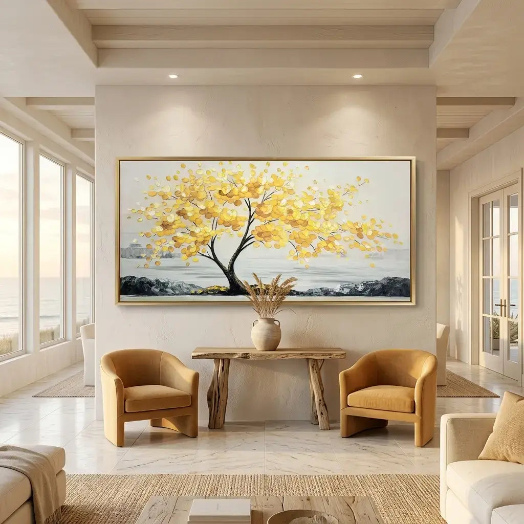 Modern living room with a large abstract painting of a yellow tree, two mustard-colored chairs, and a wooden table.
