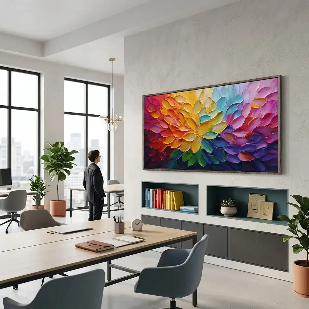 Modern office with a colorful abstract painting on the wall