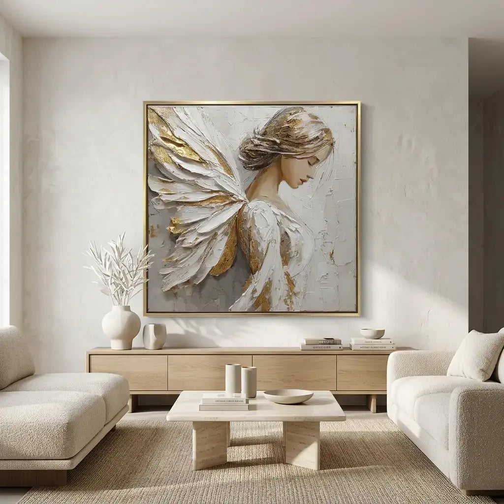 Modern living room with a large abstract painting of a woman with wings on the wall.
