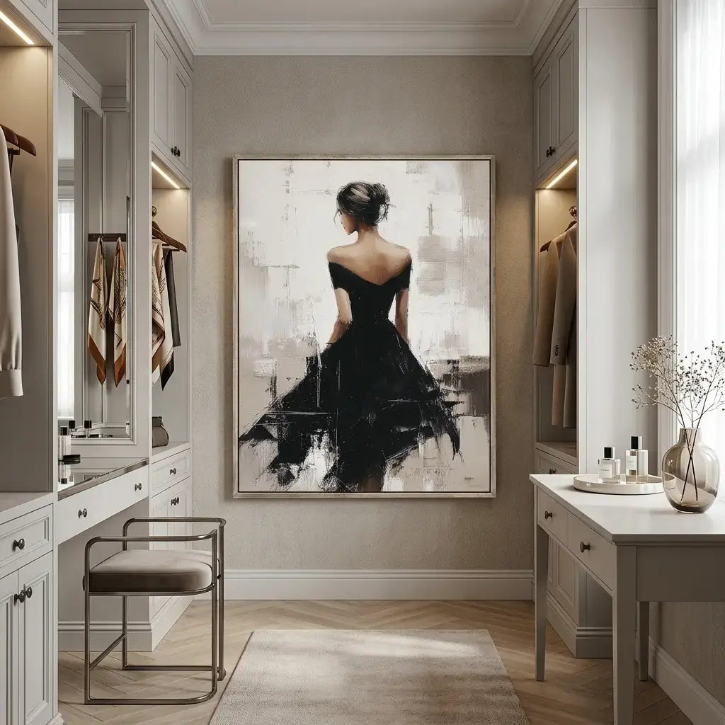 Modern interior design of a bedroom with a large abstract painting of a woman in a black dress.