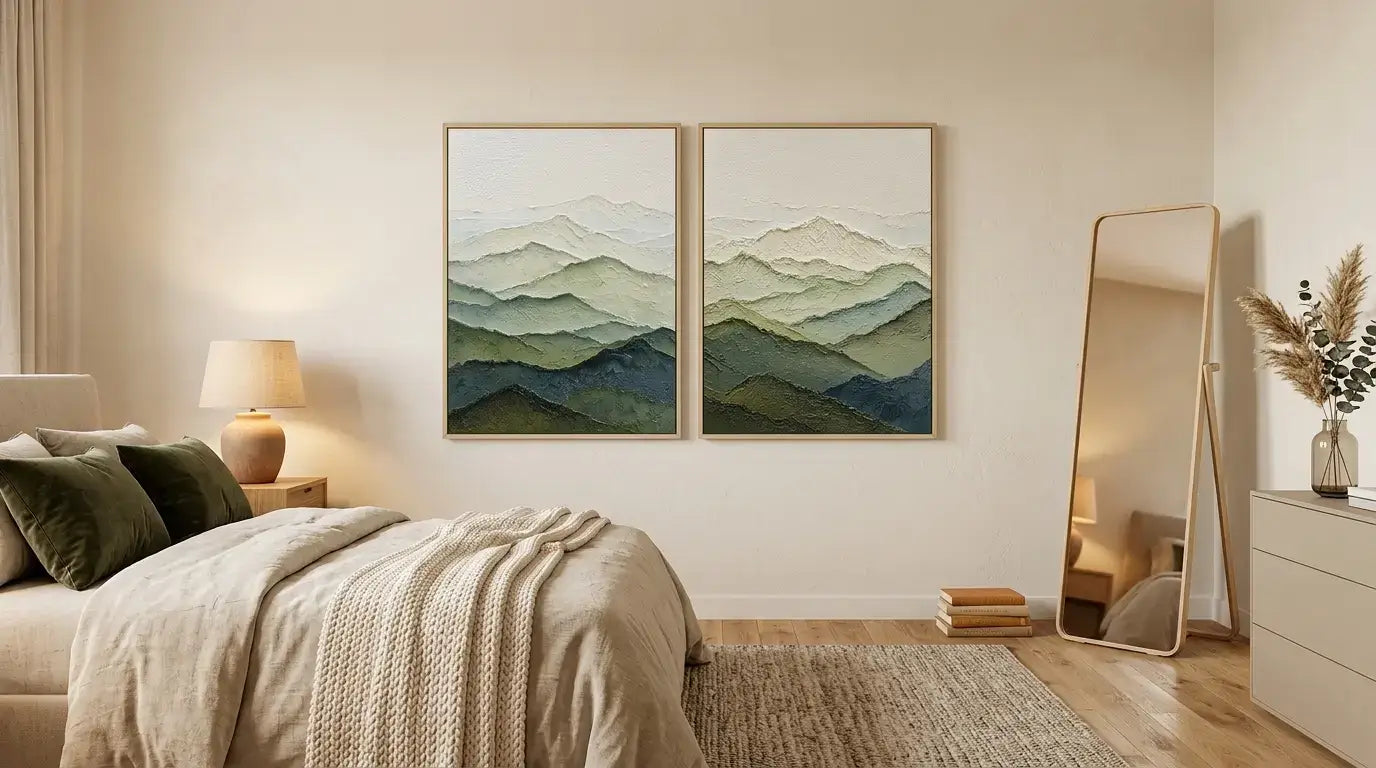 Modern bedroom with two mountain landscape paintings on the wall.