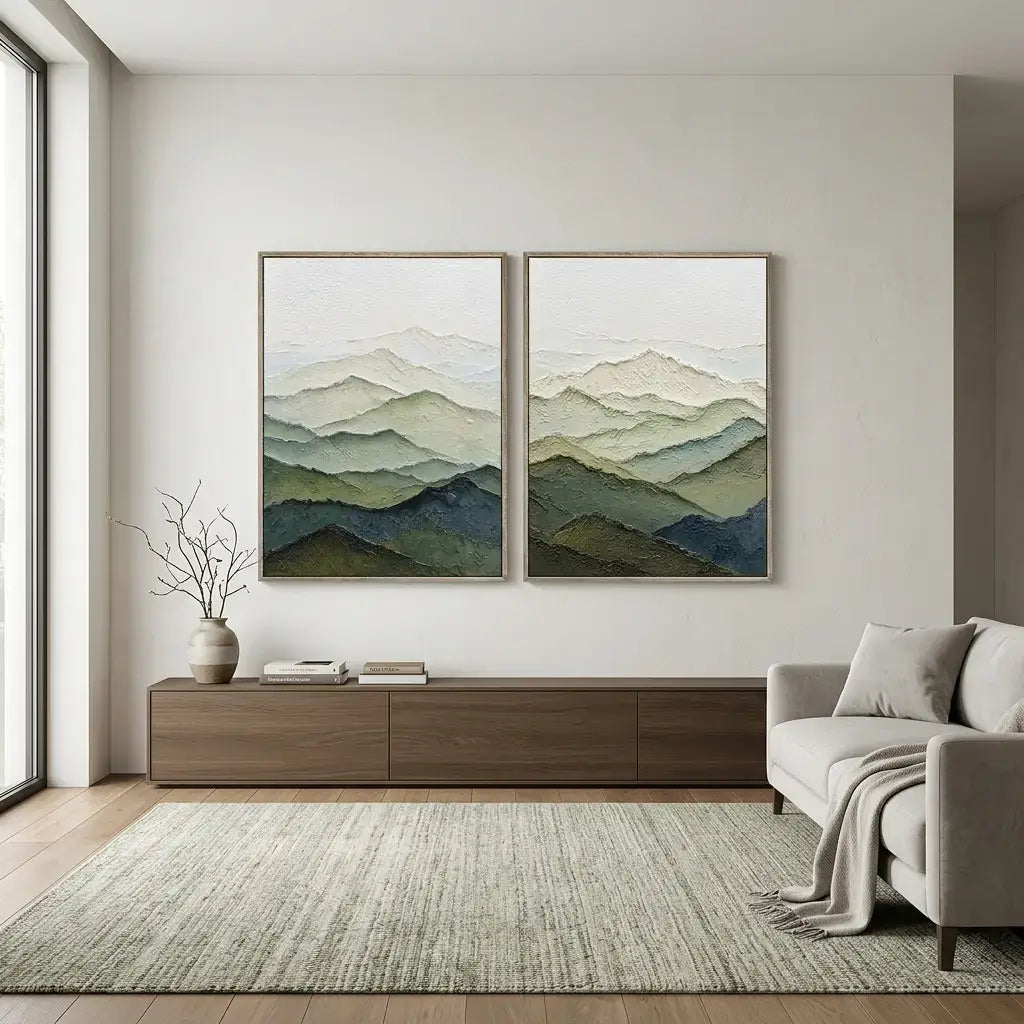 Modern living room with two framed landscape paintings on a wall.