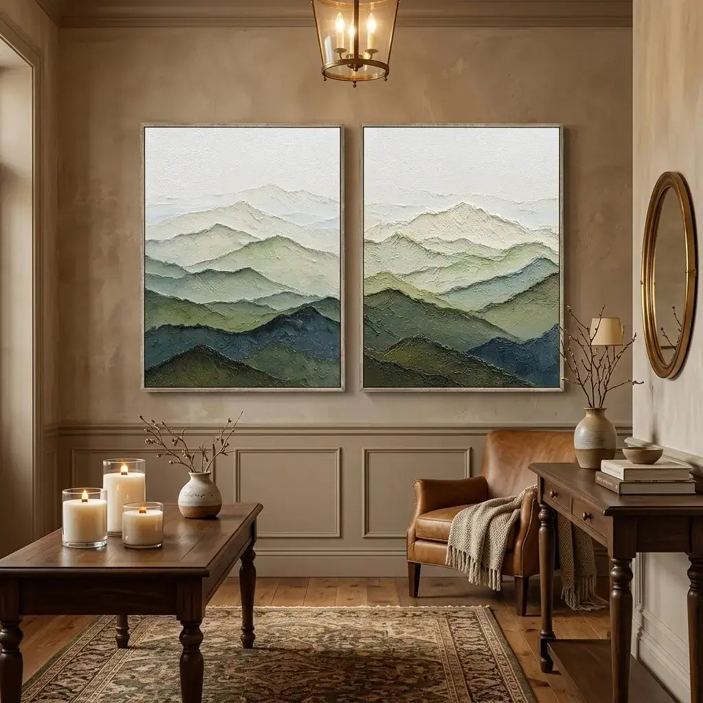 Living room with mountain landscape wall art, a brown armchair, and wooden coffee table.