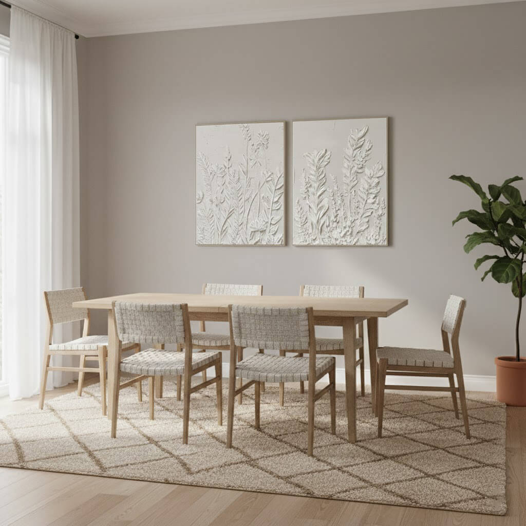 Dining room with wooden table and chairs, light gray walls, and decorative plants.