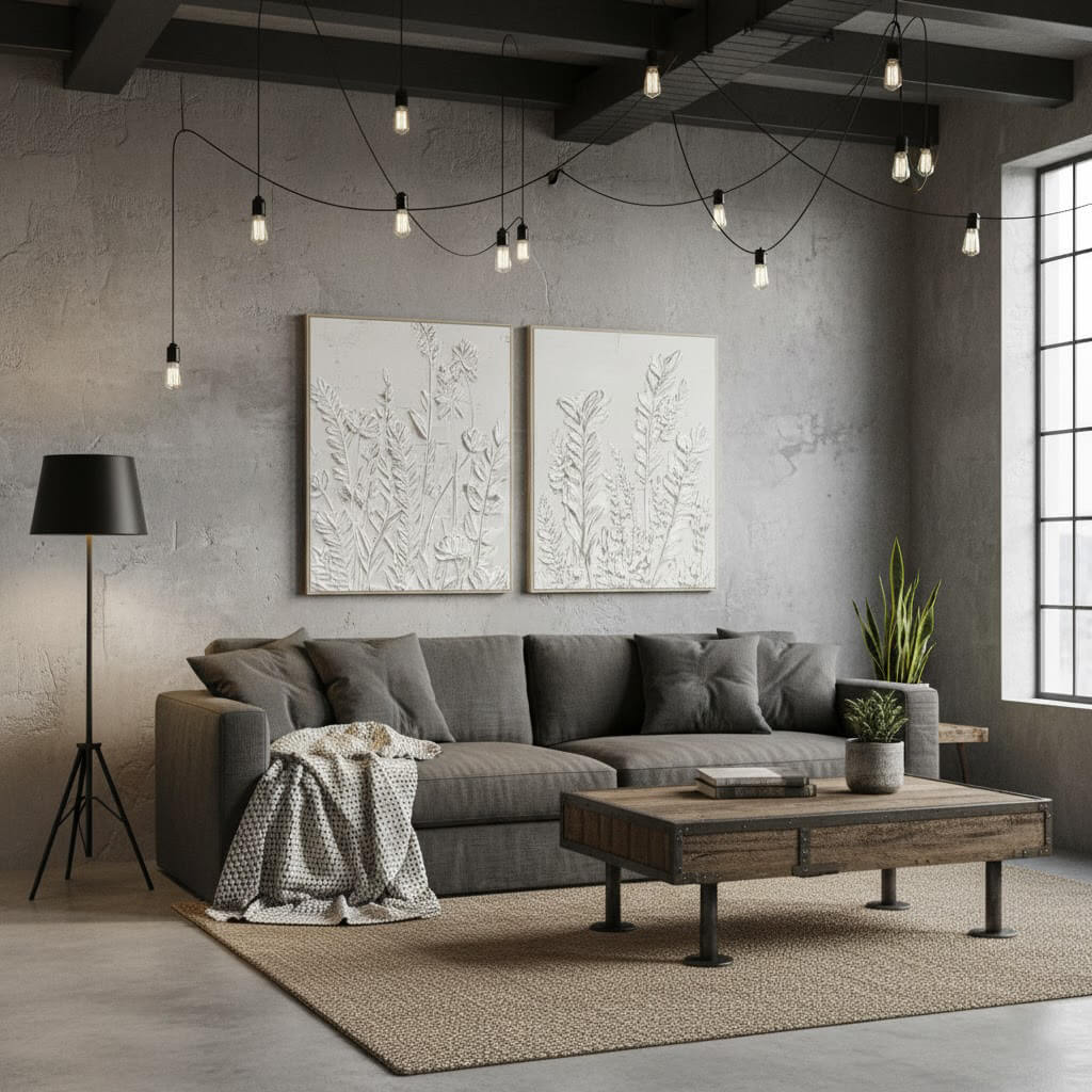 Modern living room with gray sofa, wooden coffee table, and decorative elements.