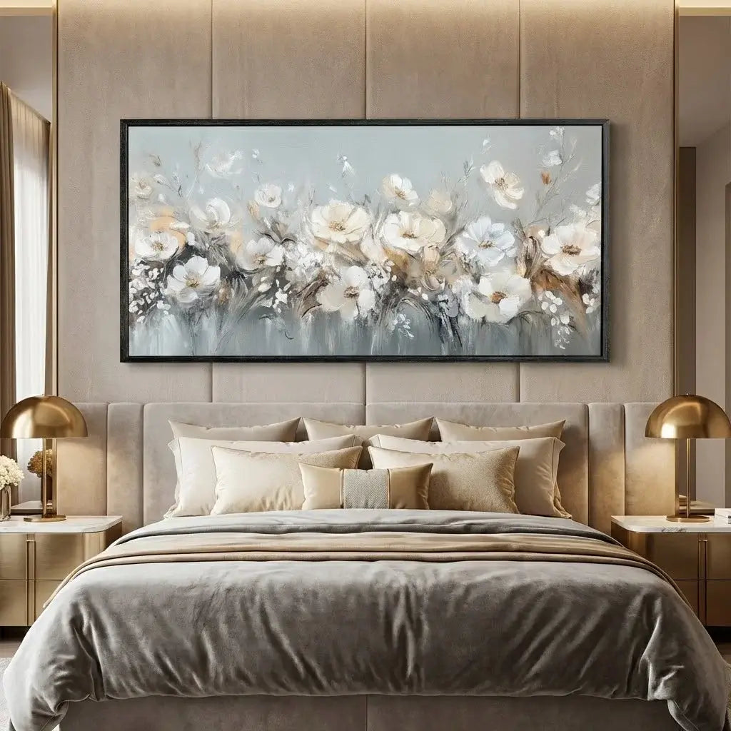 Decorative floral painting above a bed in a stylish bedroom.
