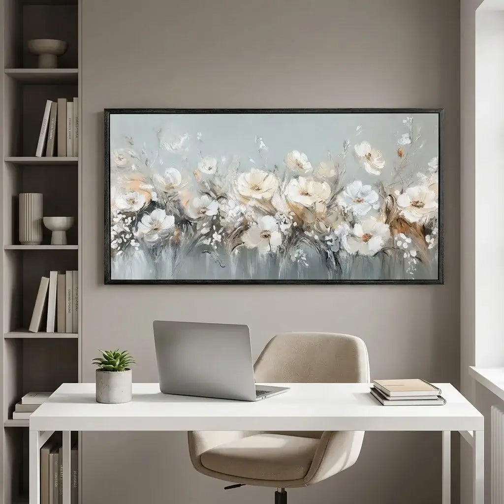 Modern home office with a desk, chair, laptop, and floral painting on the wall.