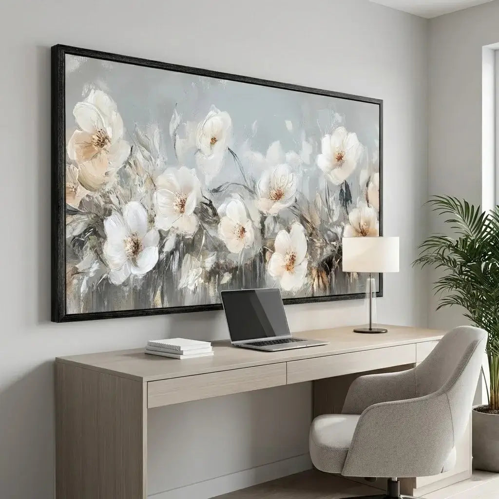 Modern home office with a desk, chair, and large floral painting on the wall.